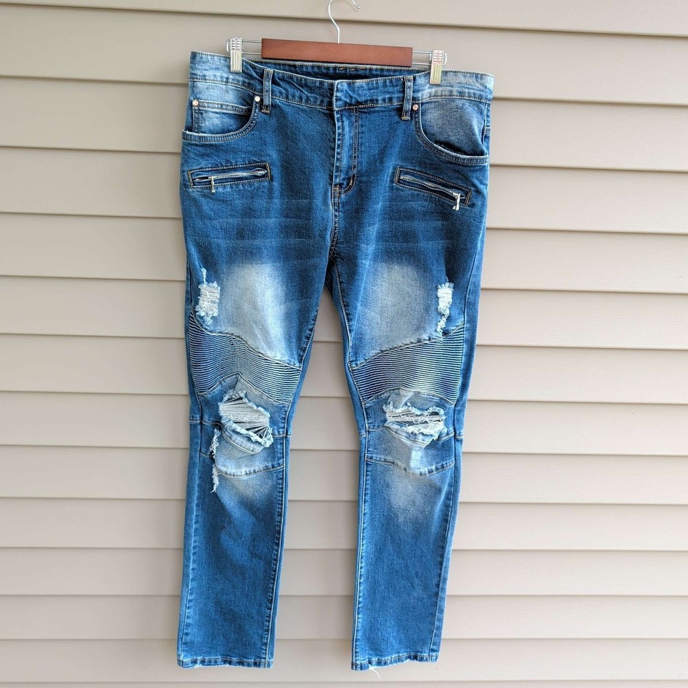 Balmain Biker Jeans Mens 36 Blue Distressed Ribbed Moto Denim Italy